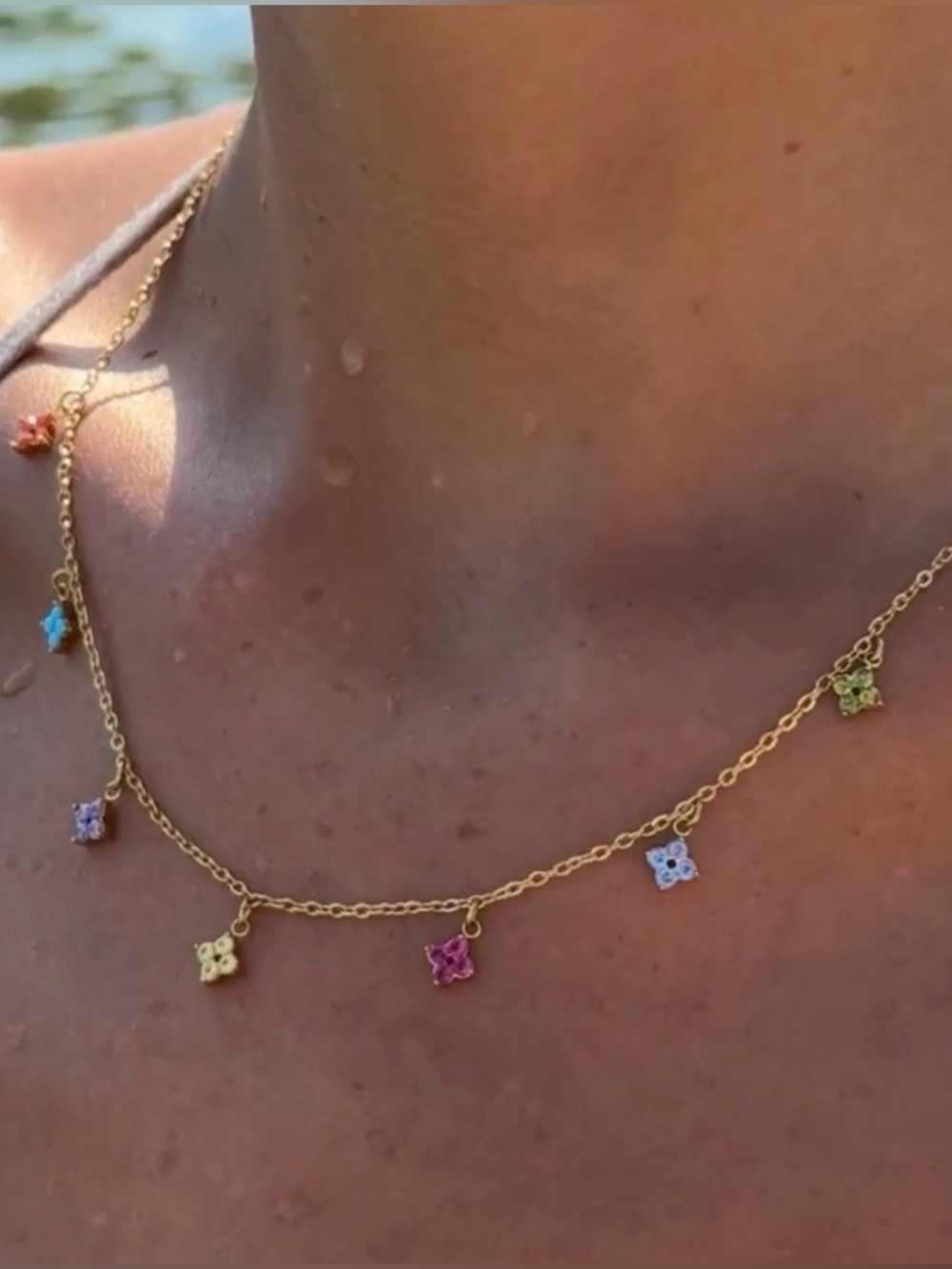 Gold Multi-Color Flower Charm necklace island lights choker